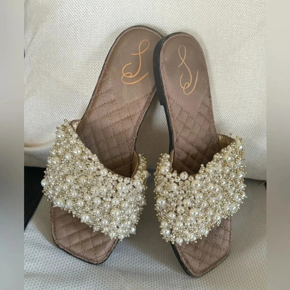 Sam Edelman Elijah Sandal Pearl Embellished Flat Pale Eggshell Slides Size 8 - Picture 11 of 11
